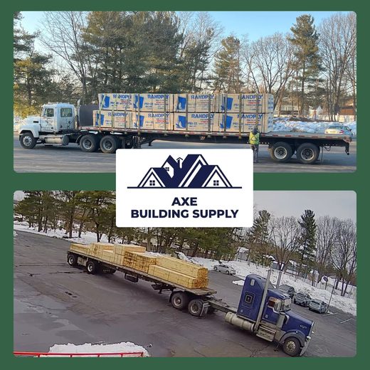 Two Axe Building Supply flatbed trucks delivering lumber in winter